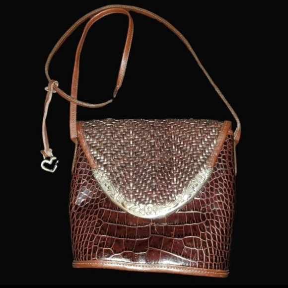 Brighton Handbags - Brighton Brown Crock Bag Purse Crossbody Silver Embossed Leather Handbag Metal